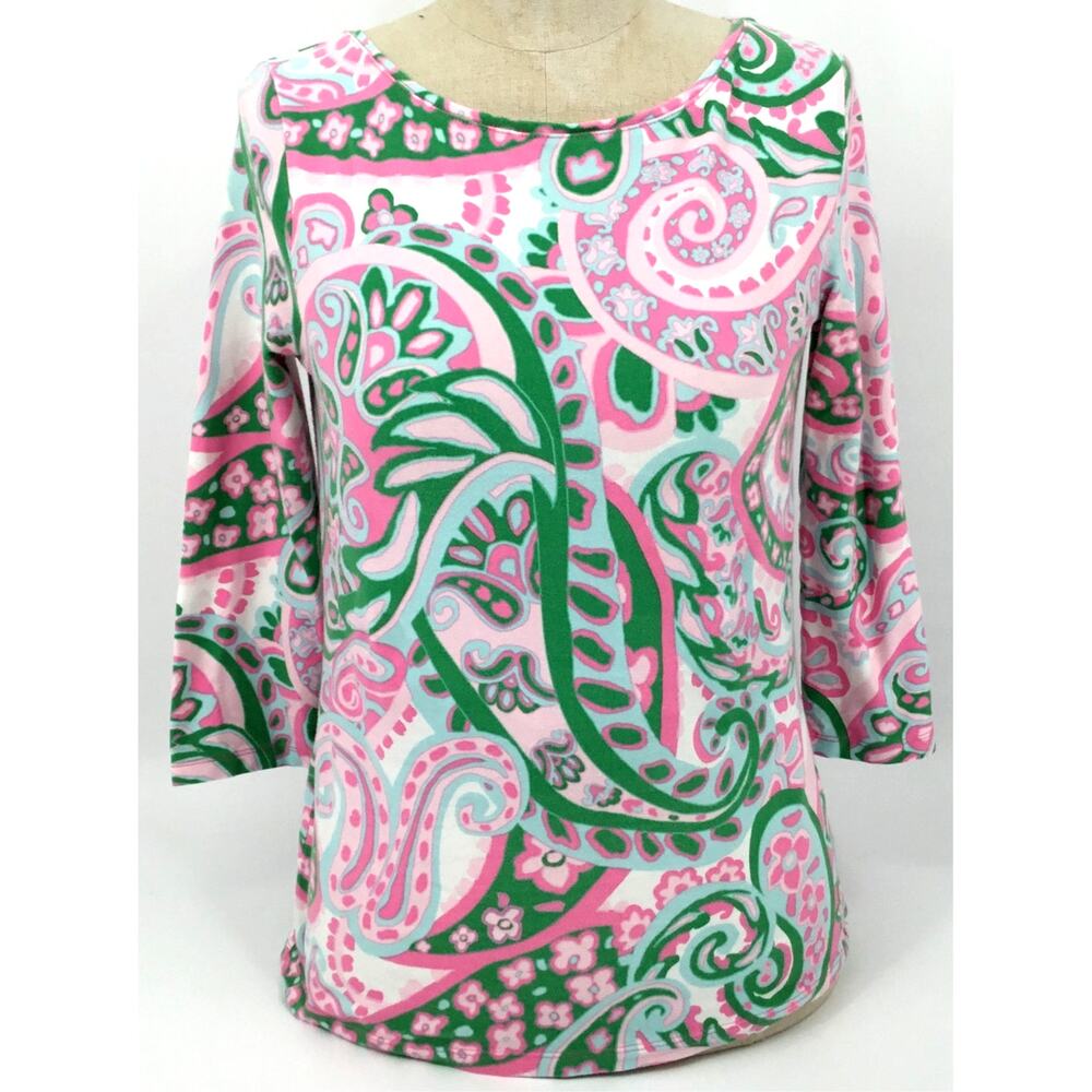Talbots Petite Small Pink Green Paisley 3/4 Sleeve Stretch Knit Top SP